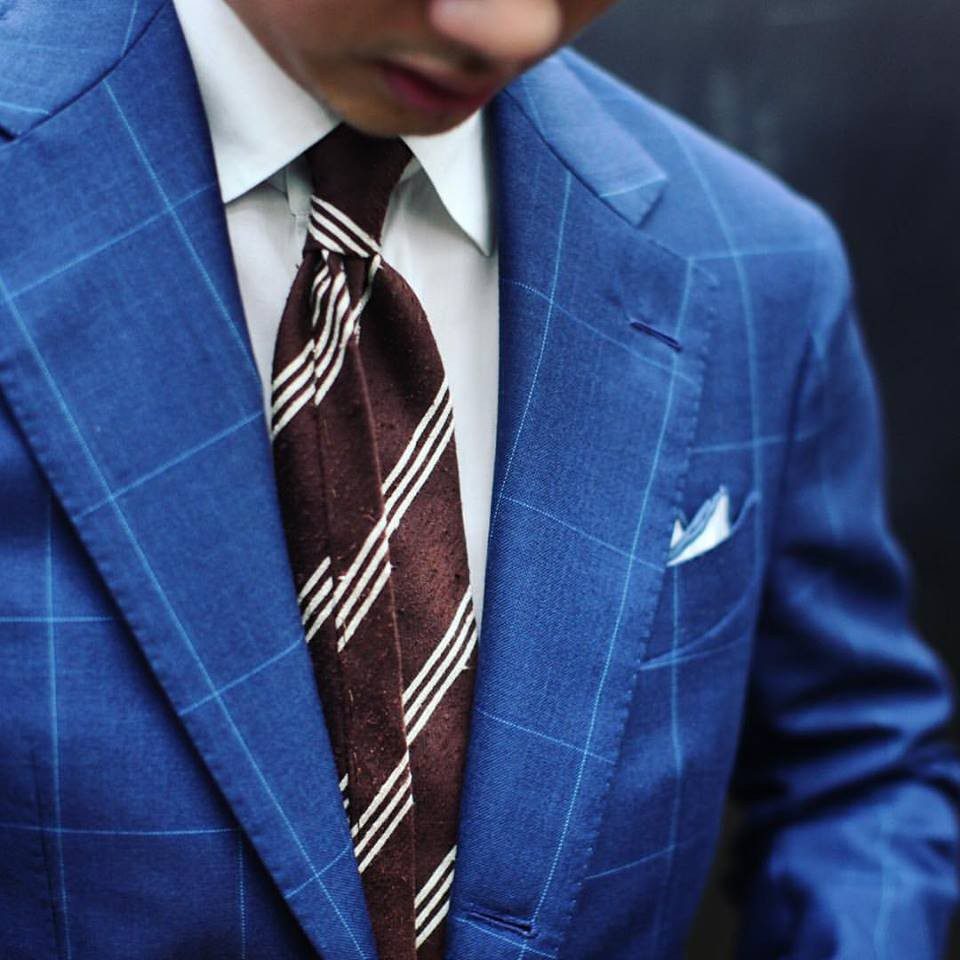 Navy, Red & White Striped Shantung Silk Tie