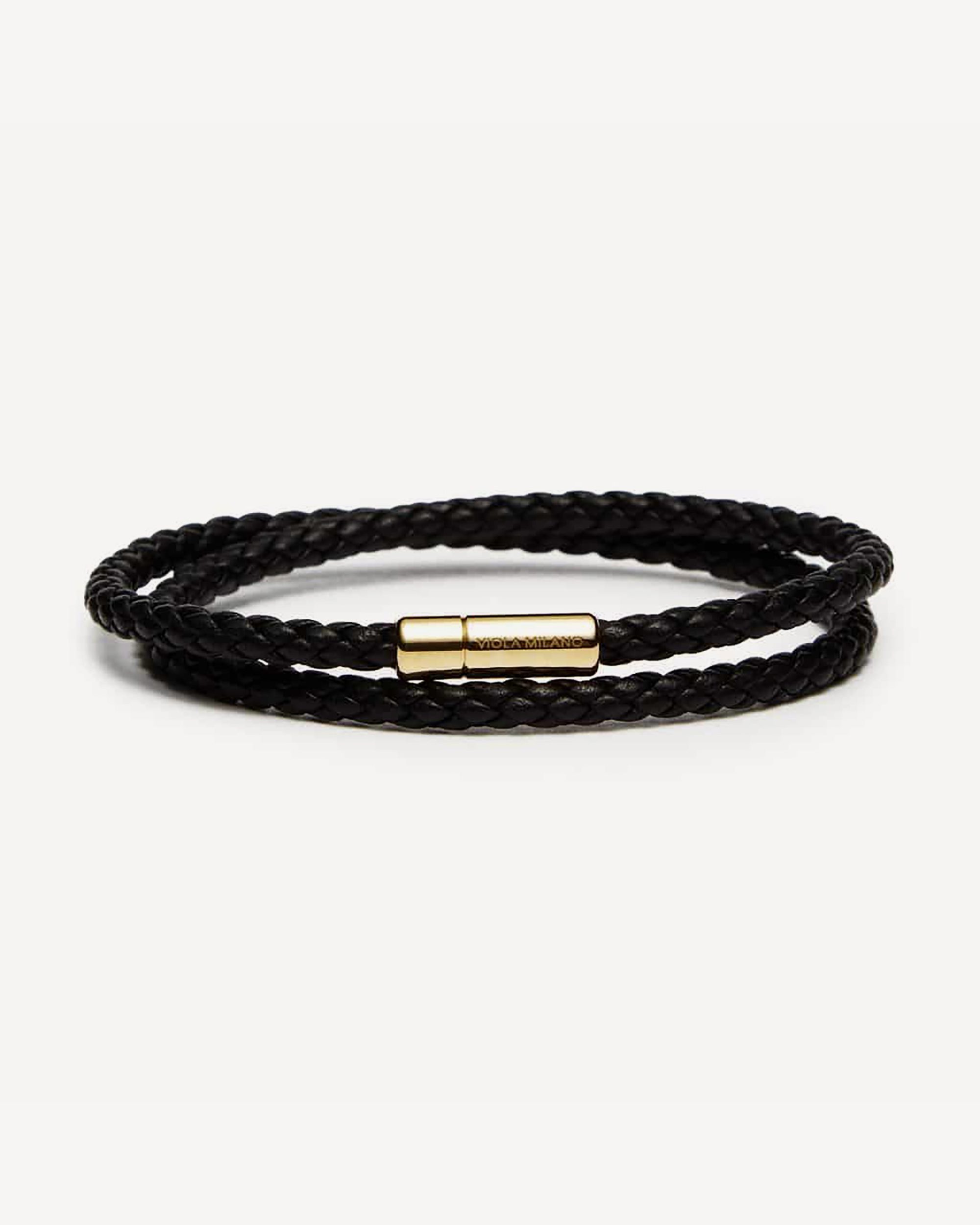 Double Braided Italian Leather bracelet with Gold Plated Clasp - Black ...