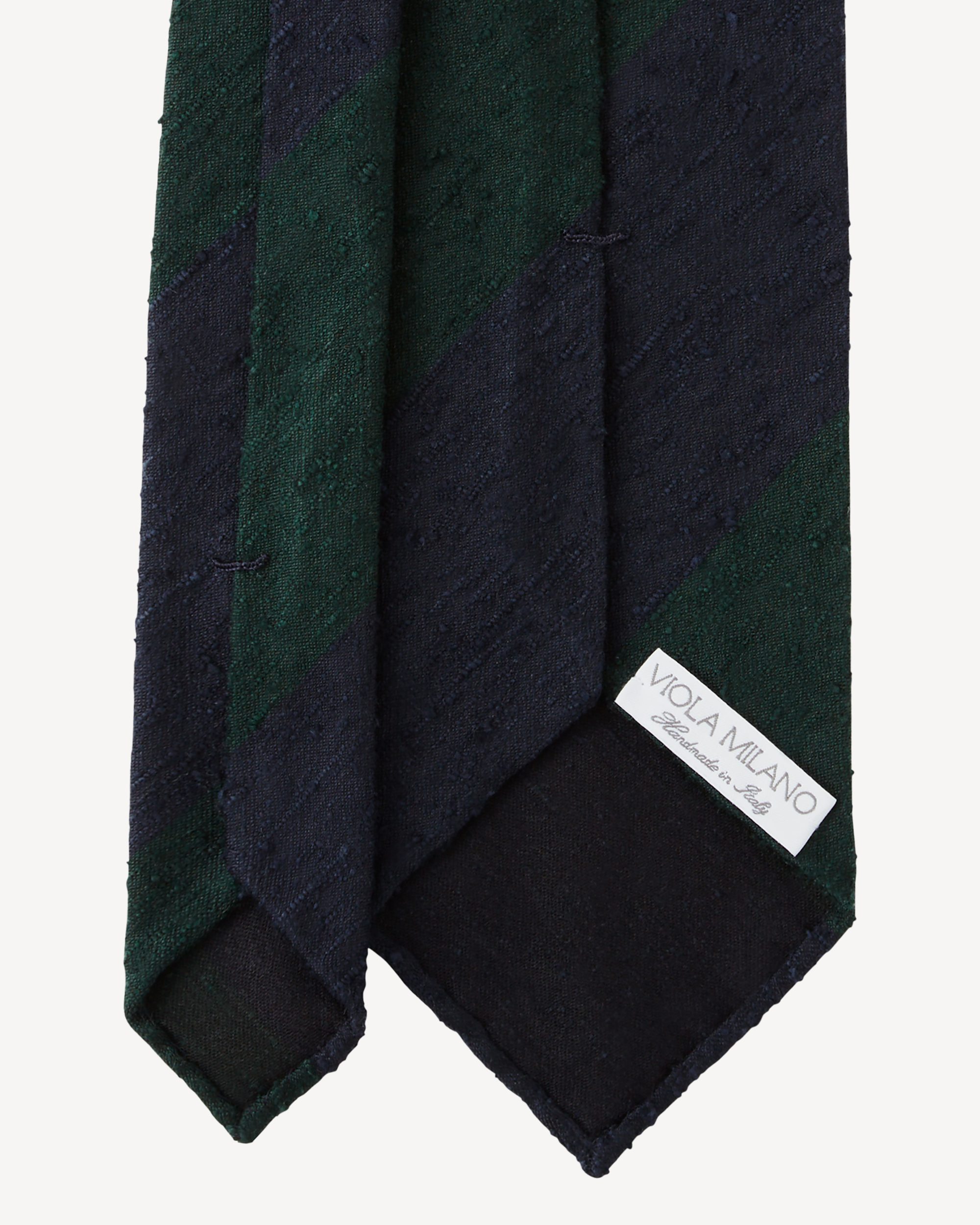 Block Stripe Handrolled Woven Shantung Tie - Navy/Forest | Viola Milano