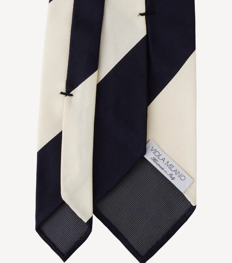 Block Stripe Handrolled Woven Silk Jacquard Tie - Navy/Ivory | Viola Milano