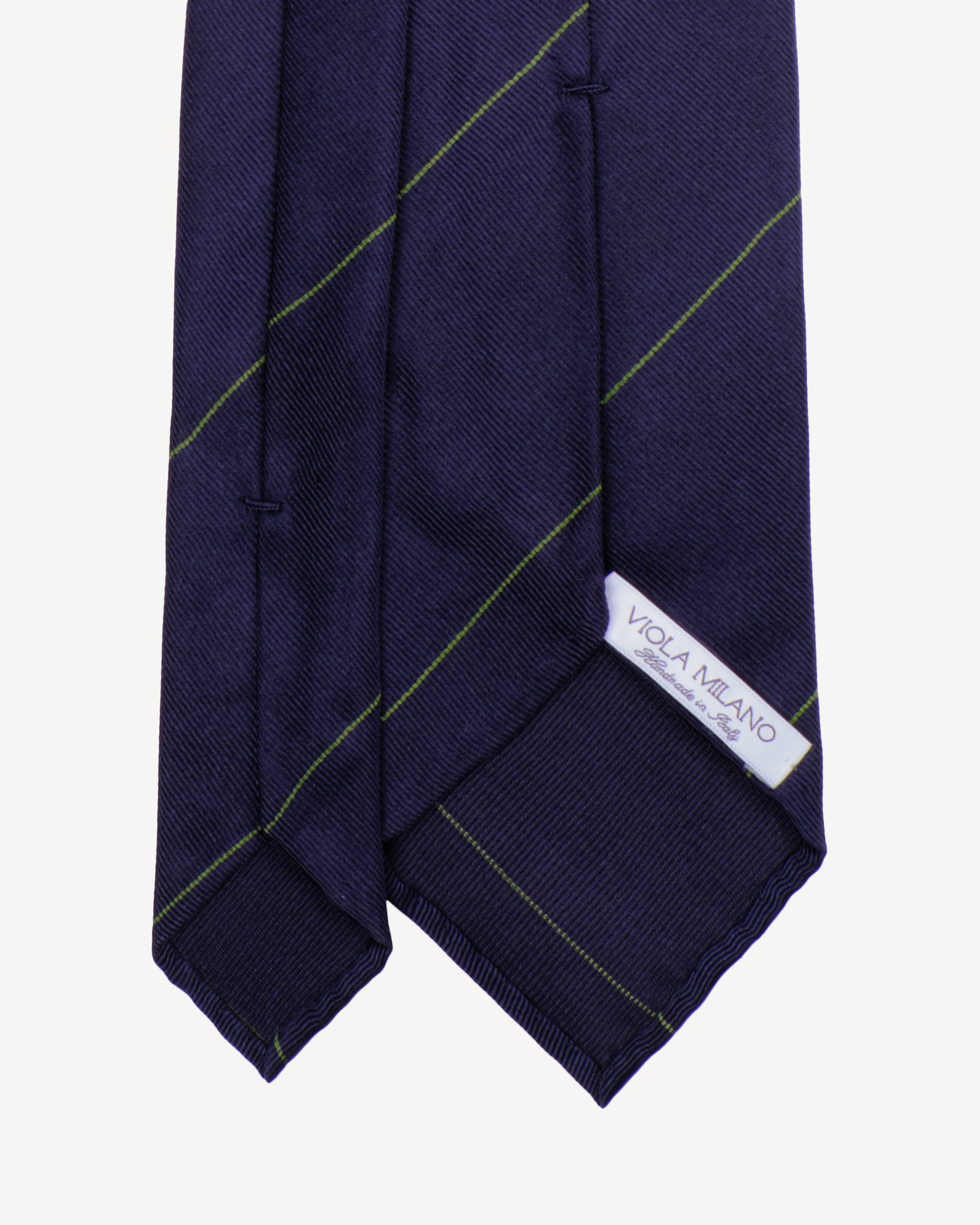 Single Stripe Handrolled Woven Silk Tie - Navy/Green | Viola Milano